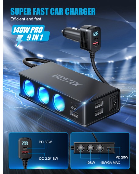 BESTEK Cigarette Lighter Splitter Adapter: 9 in 1 Car Charger 148W 3-Socket PD 30W and QC3.0 18W Charging Ports LED Display Super Fast Charger for 12V/24V